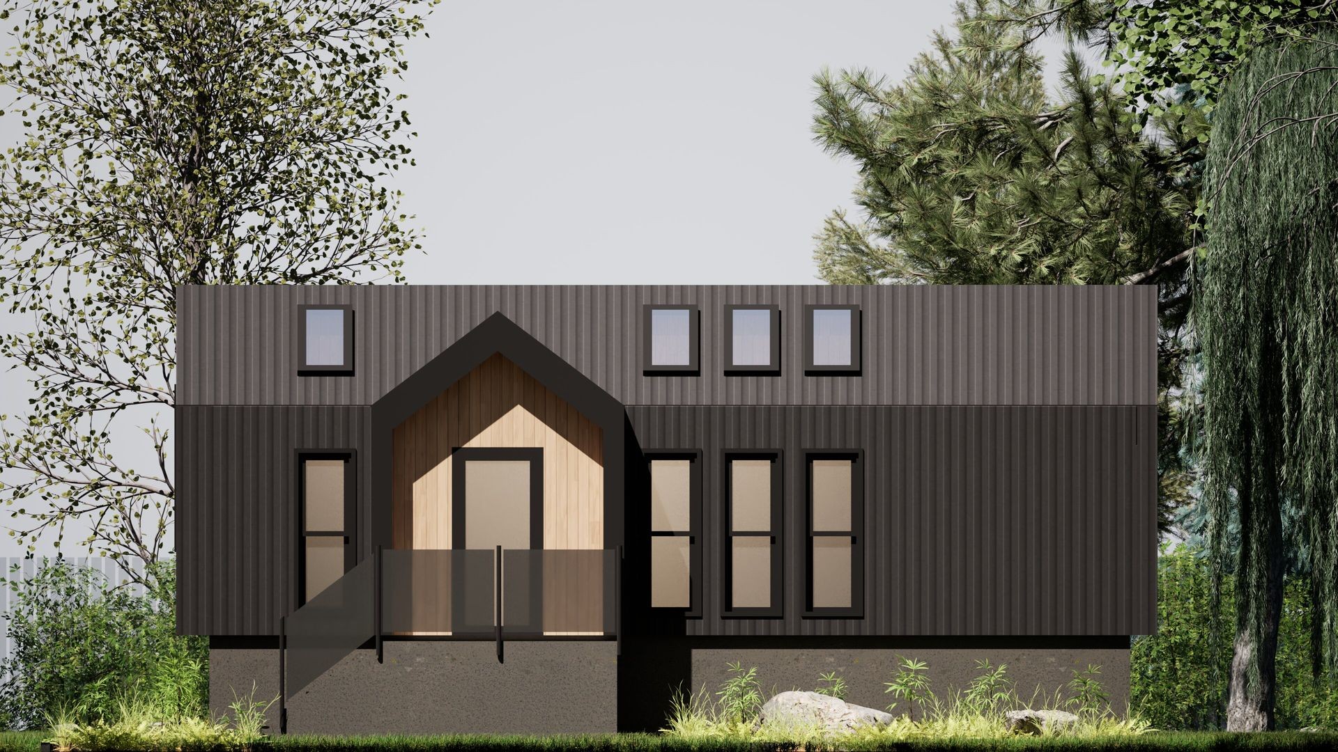Modern black house with large windows, surrounded by trees and greenery.