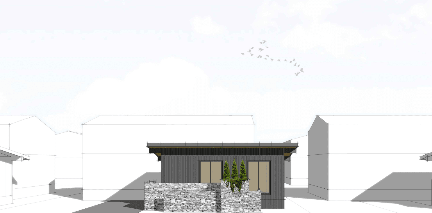 Architectural rendering of a small house with stone walls and trees, surrounded by abstract building outlines.