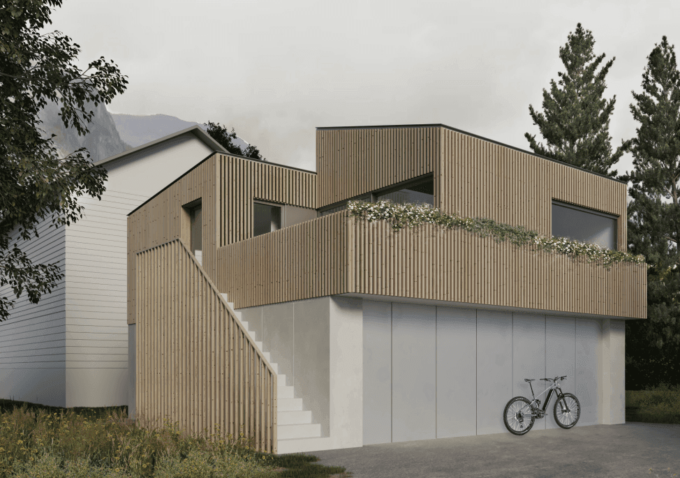 Modern two-story house with wooden paneling and a bicycle parked outside, surrounded by trees.