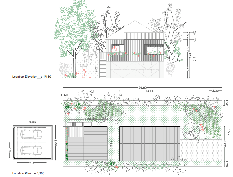 Architectural drawing of a house elevation and location plan with dimensions and trees included.