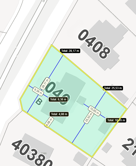 Map showing property boundaries and measurements in meters for parcel 0408.