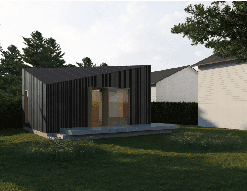 Modern small house with dark wood siding, large windows, and surrounding greenery on a sunny day.