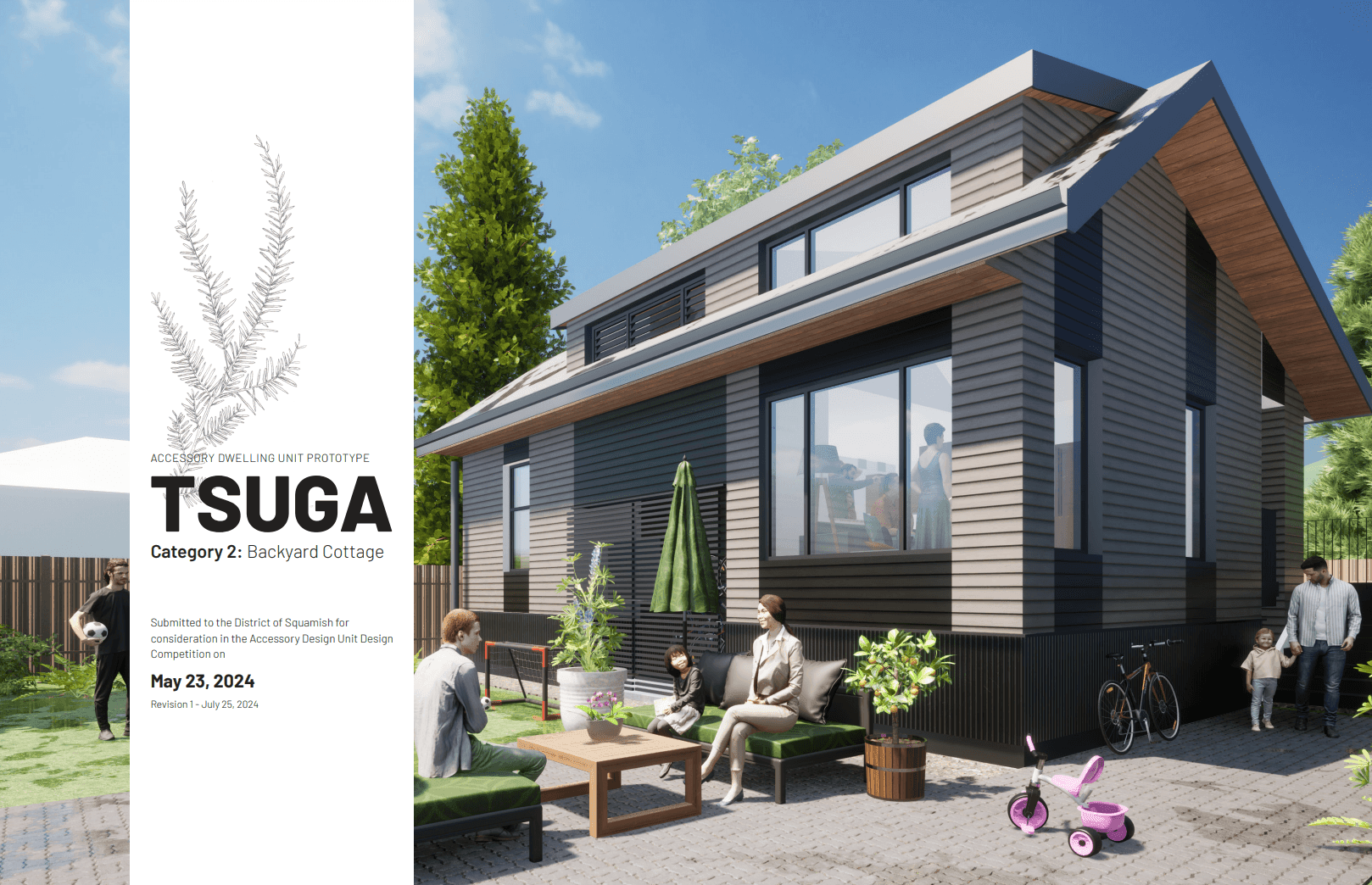 Modern backyard cottage design with a family playing outside, featuring a small garden and patio furniture.