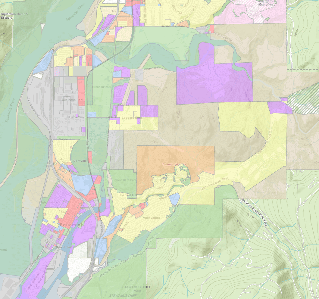 Colored zoning map of Squamish showing various land use categories, roads, and natural features.